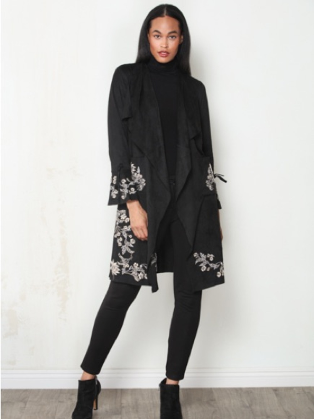 Faux Suede Embroidered Black Duster Coat - Women Jackets & Coats